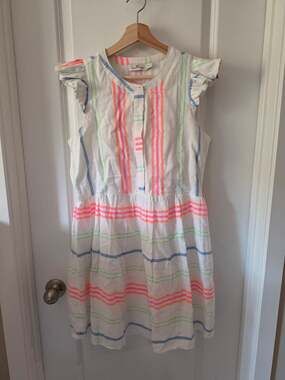 Vineyard Vines Womens Size 6 White Striped Ruffle Sleeve Cotton Lined Summer